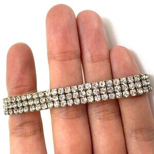 VTG Crystal Stretch Bracelet Art Deco Style Silver Tone OS Fit 9mm Wide